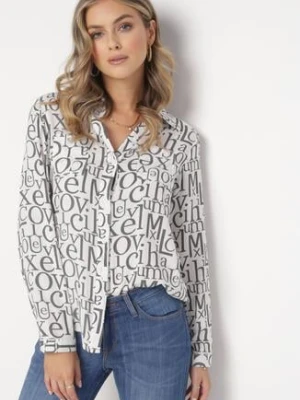 Biała Wiskozowa Koszula w Modny Print z Długim Rękawem Mustacie wei wei