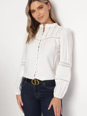 Biała Wiskozowa Koszula z Koronkowymi Tasiemkami i Stójką Versa bisou's project