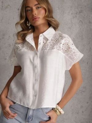Biała Wiskozowa Koszula z Krótkim Rękawem Zdobiona Koronkowymi Wstawkami Phiniche romee's