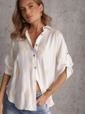 Biała Wiskozowa Koszula z Przedłużonym Tyłem Haftem i Podpinanymi Rękawami Sophora ambitionfly