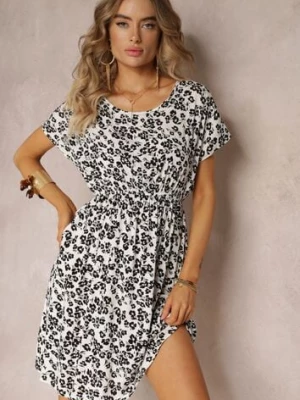 Biała Wiskozowa Mini Sukienka w Kwiatowy Print z Gumką w Pasie Frolia j&x