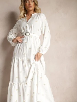 Biała Wiskozowa Rozkloszowana Sukienka Ozdobiona Haftem Nalorwen maja studio