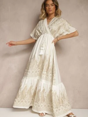 Biała Wiskozowa Sukienka Boho o Kopertowym Kroju z Metalicznym Haftem Redeselle rosa