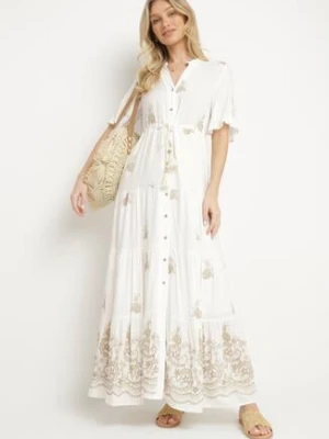 Biała Wiskozowa Sukienka Boho o Rozkloszowanym Kroju z Haftem i Wiązaniem Lilvanis unigirl