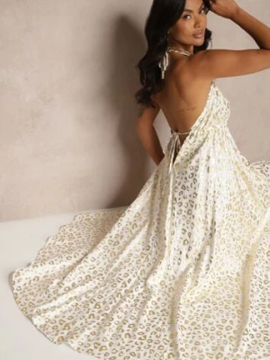 Biała Wiskozowa Sukienka Halter Zdobiona Metalicznym Nadrukiem w Panterkę Linaruna rosa