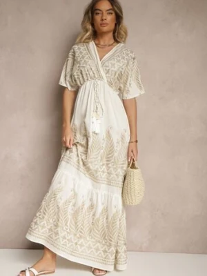 Jasnobeżowa Wiskozowa Sukienka Kopertowym Dekoltem i Frędzlami Redevie rosa