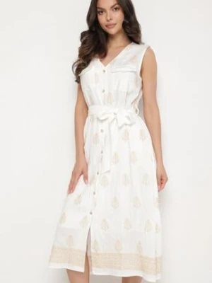 Biała Wiskozowa Sukienka Koszulowa w Hafty z Paskiem Araverra rosa