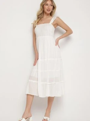 Biała Wiskozowa Sukienka na Ramiączkach Zdobiona Metaliczną Nicią Iffrisse rosa