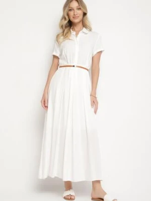 Biała Wiskozowa Sukienka o Koszulowym Fasonie z Wąskim Paskiem Fillamea unigirl