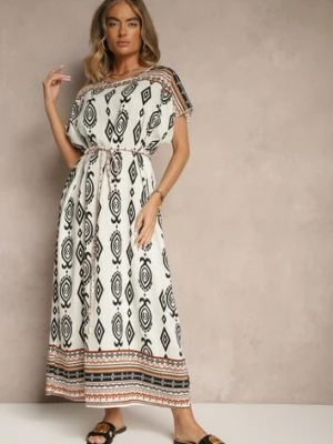 Biała Wiskozowa Sukienka o Pudełkowym Kroju w Etniczny Print Miriliana j&x
