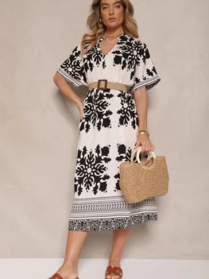 Biała Wiskozowa Sukienka o Pudełkowym Kroju z Dekoltem w Serek Adellira cflo