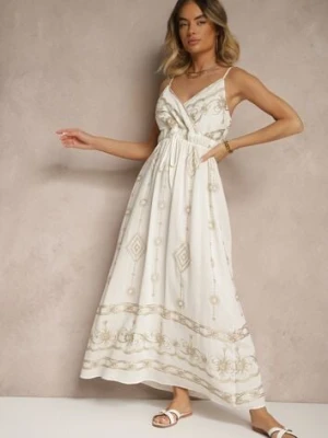 Biała Wiskozowa Sukienka o Rozkloszowanym Kroju na Ramiączkach z Haftem Uloranelia rosa