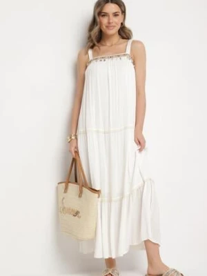 Biała Wiskozowa Sukienka o Rozkloszowanym Kroju z Biżuteryjnym Zdobieniem Mevinda rosa