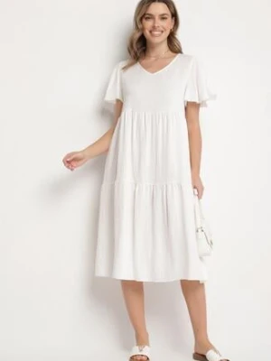Biała Wiskozowa Sukienka Rozkloszowana z Dekoltem V Natilenia cflo