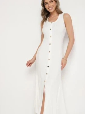 Biała Wiskozowa Sukienka Sweterkowa z Ozdobnymi Guzikami Lunarelle elsa.m by may