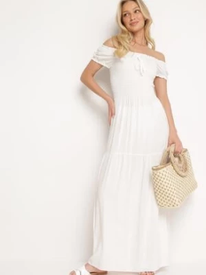 Biała Wiskozowa Sukienka Typu Hiszpanka z Marszczoną Górą Moalle