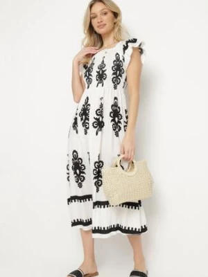 Biała Wiskozowa Sukienka w Ornamentalne Wzory o Rozkloszowanym Kroju Divessa j&x