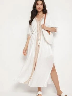 Biała Wiskozowa Sukienka z Ażurową Lamówką Aravellea rosa