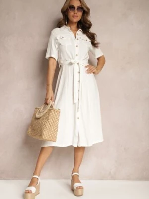 Biała Wiskozowa Sukienka z Lnem i Guzikami oraz Krótkim Rękawem Ozdobiona Materiałowym Paskiem Gracilla bisou's project
