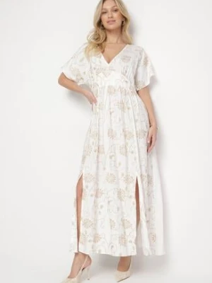 Biała Wiskozowa Sukienka z Metaliczną Nicią i Haftem Nelvesia maja studio