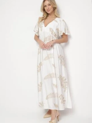 Biała Wiskozowa Sukienka z Metalicznymi Haftami Helvesia maja studio