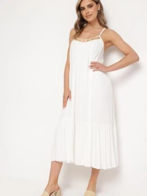 Biała Wiskozowa Sukienka z Ramiączkami Zdobiona Cekinami i Metaliczną Nitką Comalara rosa