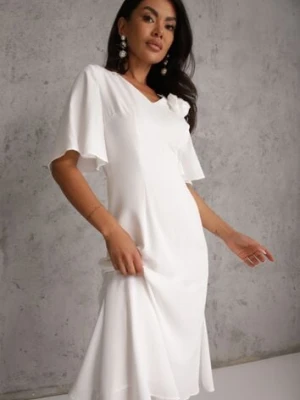 Biała Zwiewna Sukienka Wieczorowa VICES z Aplikacją 3D w Kształcie Kwiatu Themira