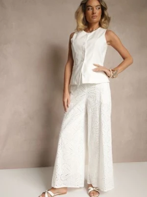 Białe Ażurowe Spodnie z Bawełny High Waist o Szerokim Kroju Evinassa rosa