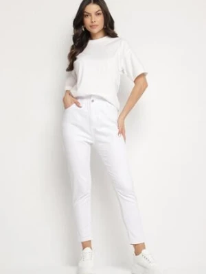 Białe Bawełniane Jeansy o Kroju Mom Fit z Wysokim Stanem Folene hello miss