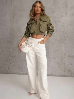 Białe Bawełniane Jeansy Wide Leg z Asymetrycznym Guzikiem Thesiphi