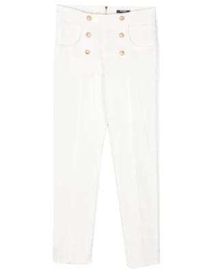 Białe Bawełniane Spodnie z Wytłoczonymi Złotymi Guzikami Balmain