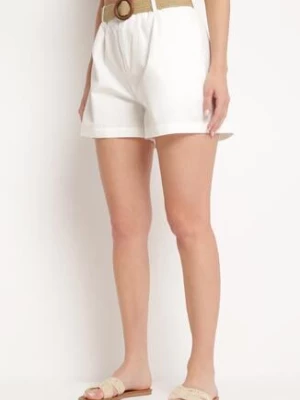 Białe Bawełniane Szorty Bermudy z Wysokim Stanem Ozdobione Paskiem z Plecionki i Klamrą Zapinane na Suwak i Guzik Fannesa rosa