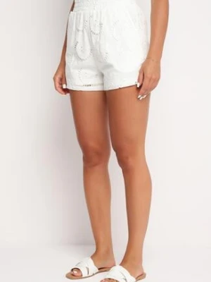 Białe Bawełniane Szorty z Gumką w Talii o Ażurowym Wykończeniu Rivashania rosa