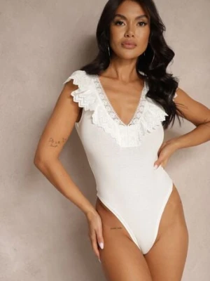 Białe Body z Bawełny z Dekoltem w Serek Zdobione Falbanką z Koronki Senalirae elsa.m by may