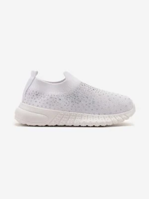 Białe Buty Sportowe Sneakersy Wsuwane na Płaskiej Podeszwie Ozdobione Cyrkoniami Tloelia