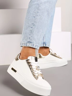 Zdjęcie produktu Białe Casualowe Sneakersy na Platformie Ozdobione Cyrkoniami i Metalicznymi Wstawkami Primaria