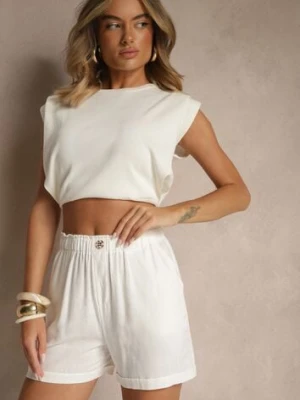 Białe Casualowe Szorty z Lnem z Gumką w Pasie i Kieszeniami Filionella bh forever