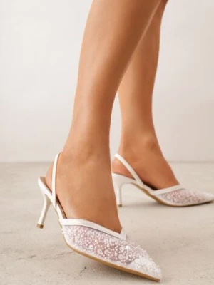 Białe Cekinowe Czółenka VICES Slingback na Szpilce z Noskiem w Szpic Ozdobione Perłami i Koralikami Kleomene