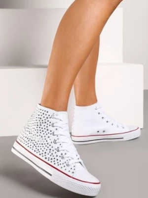 Białe Cyrkoniowe Trampki na Płaskiej Podeszwie z Wysoką Cholewką Isisea