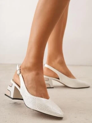 Białe Czółenka VICES z Drobną Perforacją na Słupku ze Sprzączką Harellenne