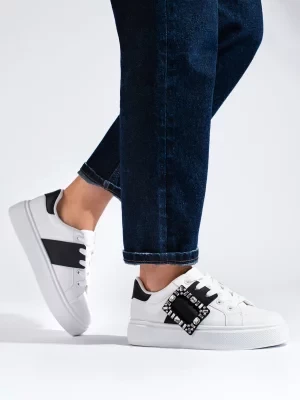 Białe damskie buty sneakersy z czarną wstawką Shelvt
