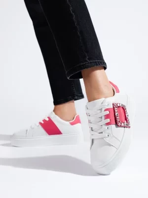 Białe damskie buty sneakersy z różową wstawką Shelvt