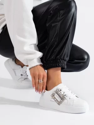 Białe damskie buty sneakersy ze srebrną wstawką Shelvt