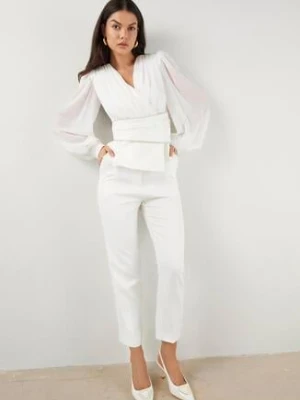 Białe Eleganckie Spodnie Garniturowe VICES z Kieszeniami Zervia