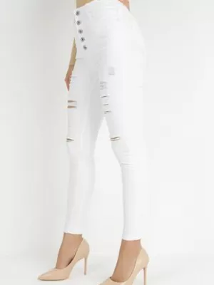 Białe Jeansy Skinny na Guziki Arru