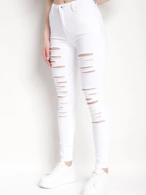 Białe Jeansy Skinny Ozdobione Dziurami z Przodu Aeniala