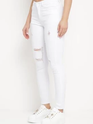 Białe Jeansy Skinny z Przetarciami i Dziurami Qloelini