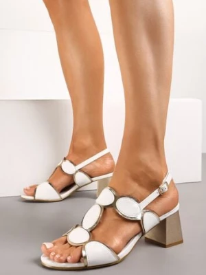 Białe Klasyczne Sandały na Obcasie ze Skórzaną Wkładką i Metalicznym Wykończeniem Nitanle