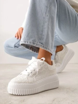 Zdjęcie produktu Białe Koronkowe Sneakersy na Platformie z Tłoczeniem i Brokatem Phisnell