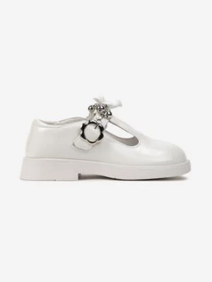 Białe Lakierowane Półbuty ze Skórzaną Wkładką Misiem i Perełkami Liveria